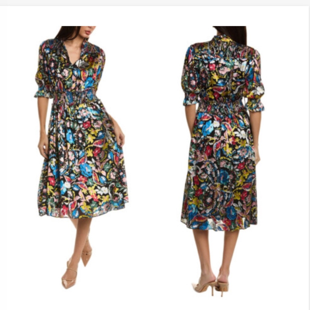 Elie Tahari The Athlea Floral Midi Dress in Imprint Paisley Noir XL